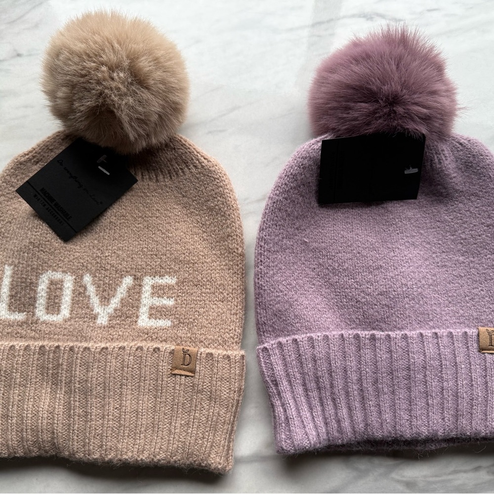 Do Everything in Love Tan and Purple Kids Beanie Set